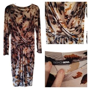 Fall colors dress, neutrals brown, tan, cream, by Fashion Nova.